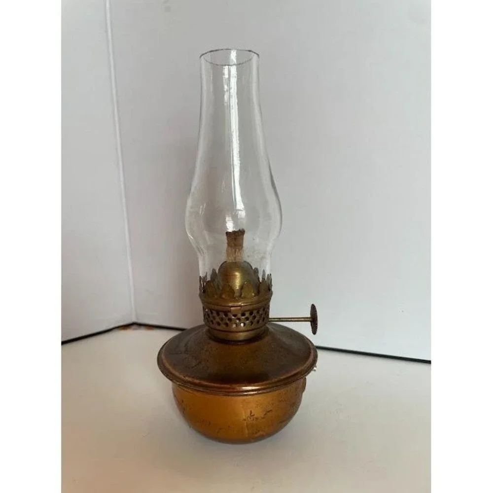 Vintage Brass Miniature Finger Oil Lamp with Clear Glass Hurricane Chimney